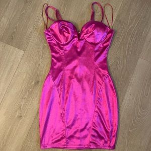 pink silk body con dress